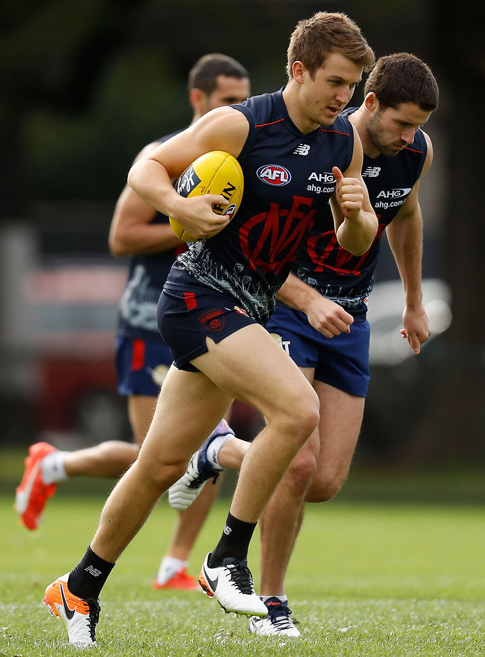 AFL 2016 Training - Melbourne 110516 MELBOURNE, AUSTRALIA - MAY 11: Jack Trengove of the Demons in action during the Melbourne Demons training session at Gosch's Paddock in Melbourne on May 11, 2016. (Photo by Michael Willson/AFL Media)